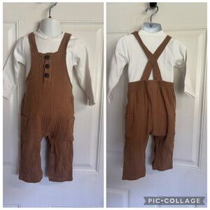 12M Emma Jean Solid Brown Overalls/ cream long sleeve shirt outfit.   In EUC!